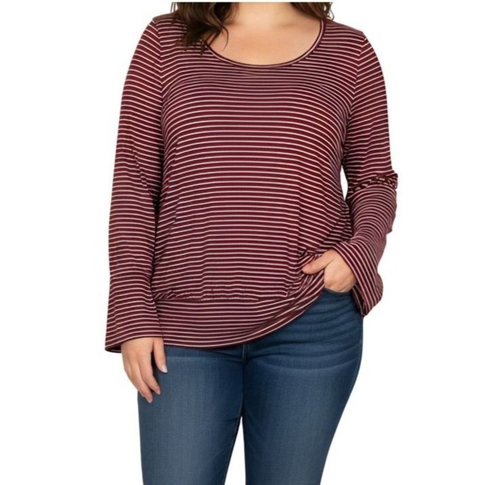 Lane Bryant Top Plus Size 18/20 Red White Striped Long Sleeve Band Waist Comfort